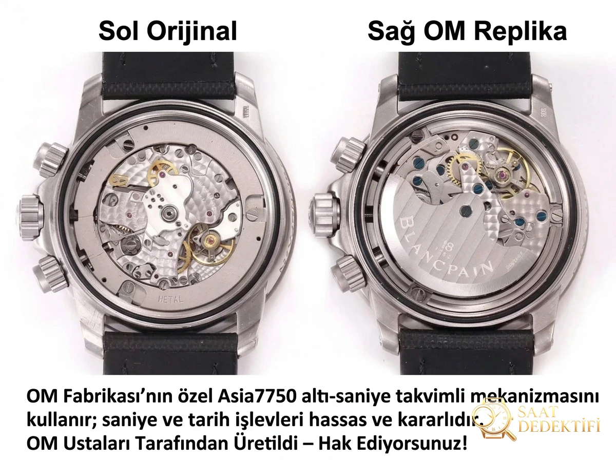 OM Factory Blancpain Fifty Fathoms 50 Fathoms kronograf serisi kol saati - dalış saatlerinin atası, gerçek-replika karşılaştırmalı inceleme - Mekanizma Zemberek ve Balans Detayı