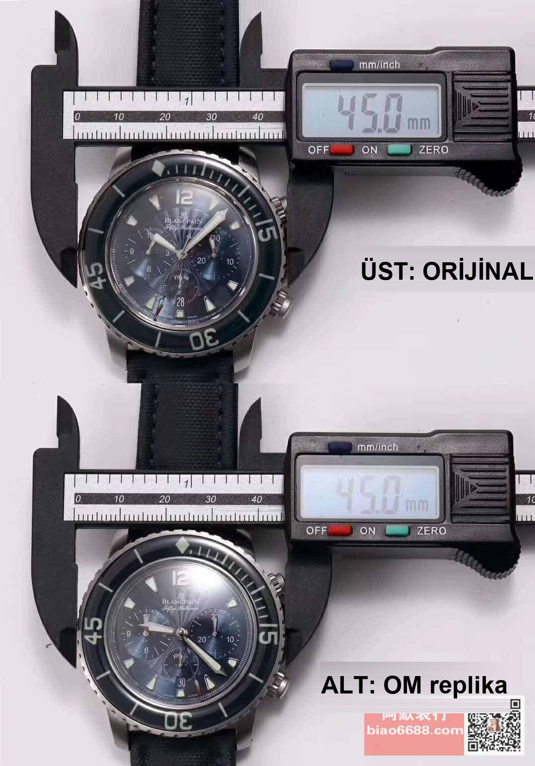 OM Factory Blancpain Fifty Fathoms 50 Fathoms kronograf serisi kol saati - dalış saatlerinin atası, gerçek-replika karşılaştırmalı inceleme — 12. fotoğraf