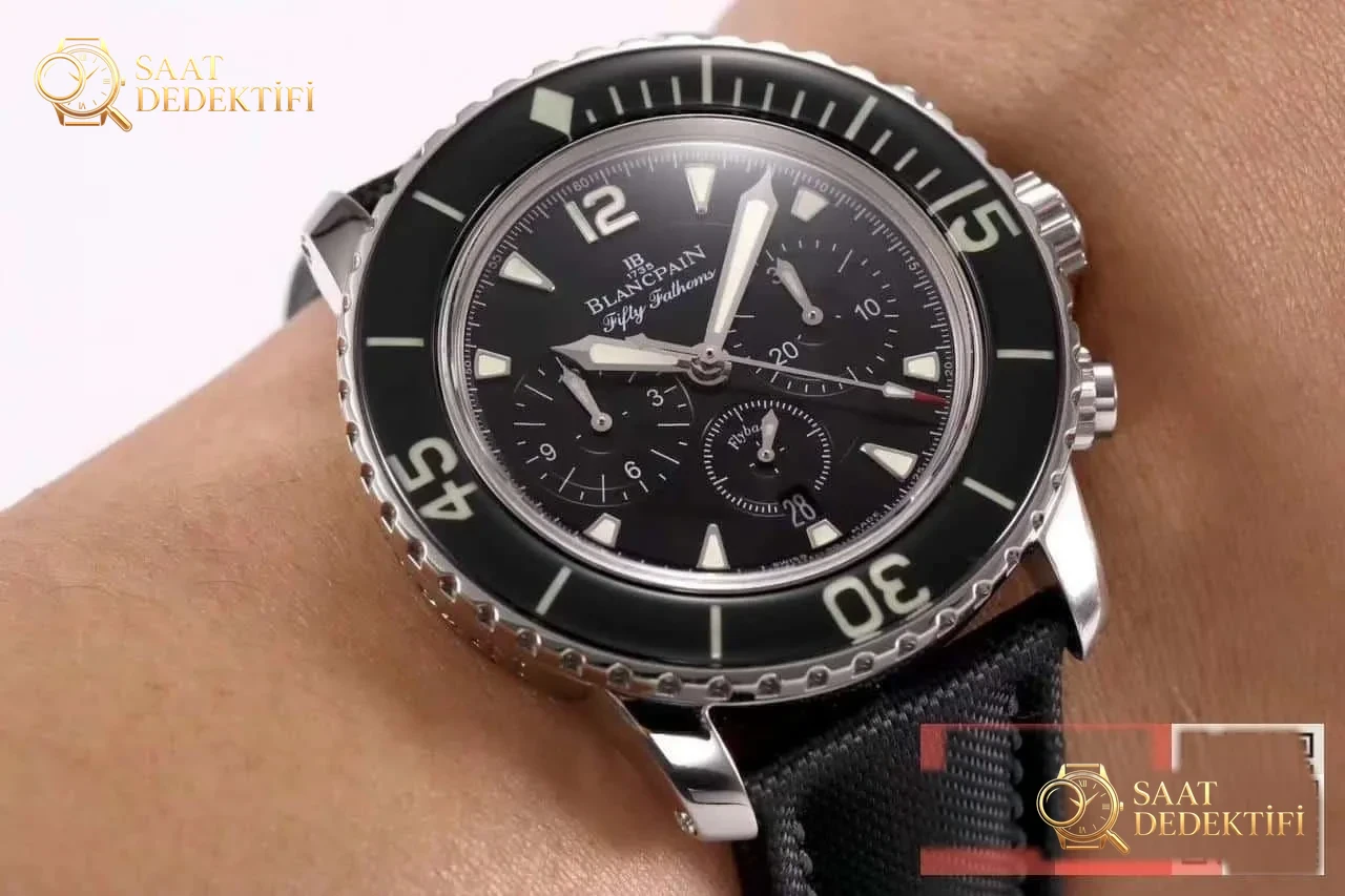 OM Factory Blancpain Fifty Fathoms 50 Fathoms kronograf serisi kol saati - dalış saatlerinin atası, gerçek-replika karşılaştırmalı inceleme - Bezel İçi Rehaut Gravürü ve Hizalaması