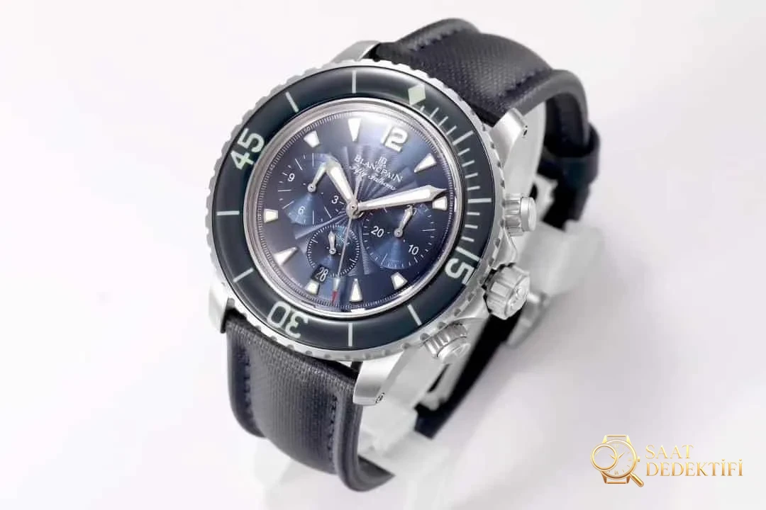 OM Factory Blancpain Fifty Fathoms 50 Fathoms kronograf serisi kol saati - dalış saatlerinin atası, gerçek-replika karşılaştırmalı inceleme - Takimetre Skalası ve Baskı Keskinliği