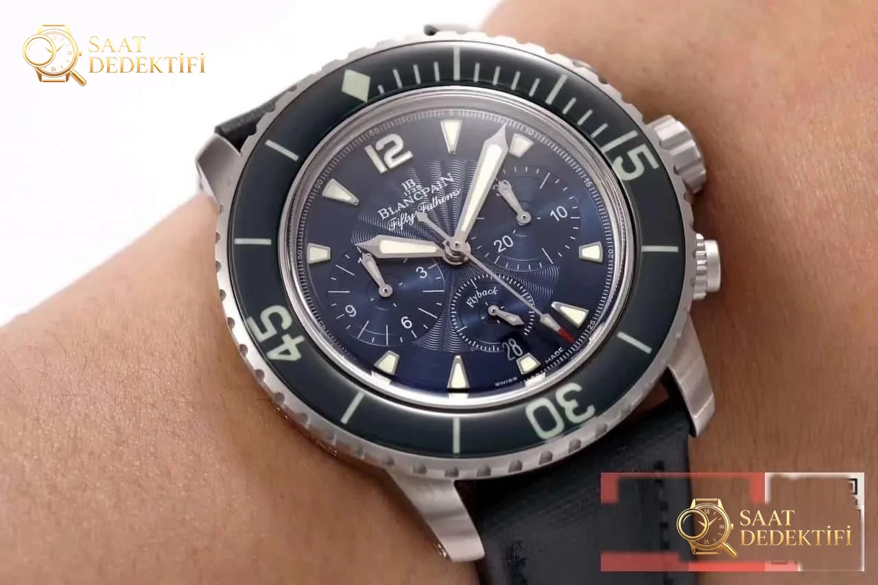 OM Factory Blancpain Fifty Fathoms 50 Fathoms kronograf serisi kol saati - dalış saatlerinin atası, gerçek-replika karşılaştırmalı inceleme - Kadran Tipografisi ve Yazı Kabartmaları