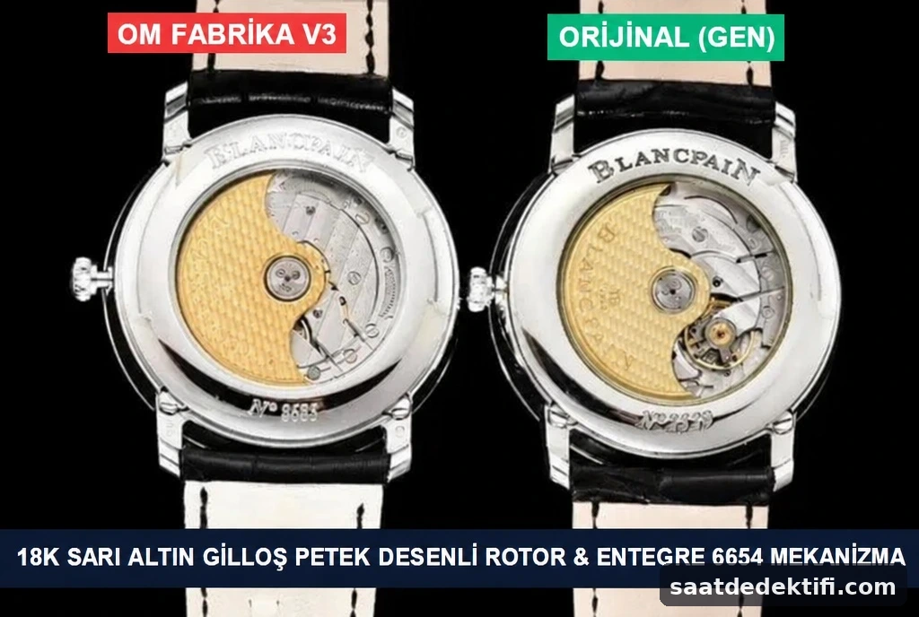 OM Factory V3 Calibre 6654 clone mekanizma ile orijinal Blancpain mekanizma karşılaştırması