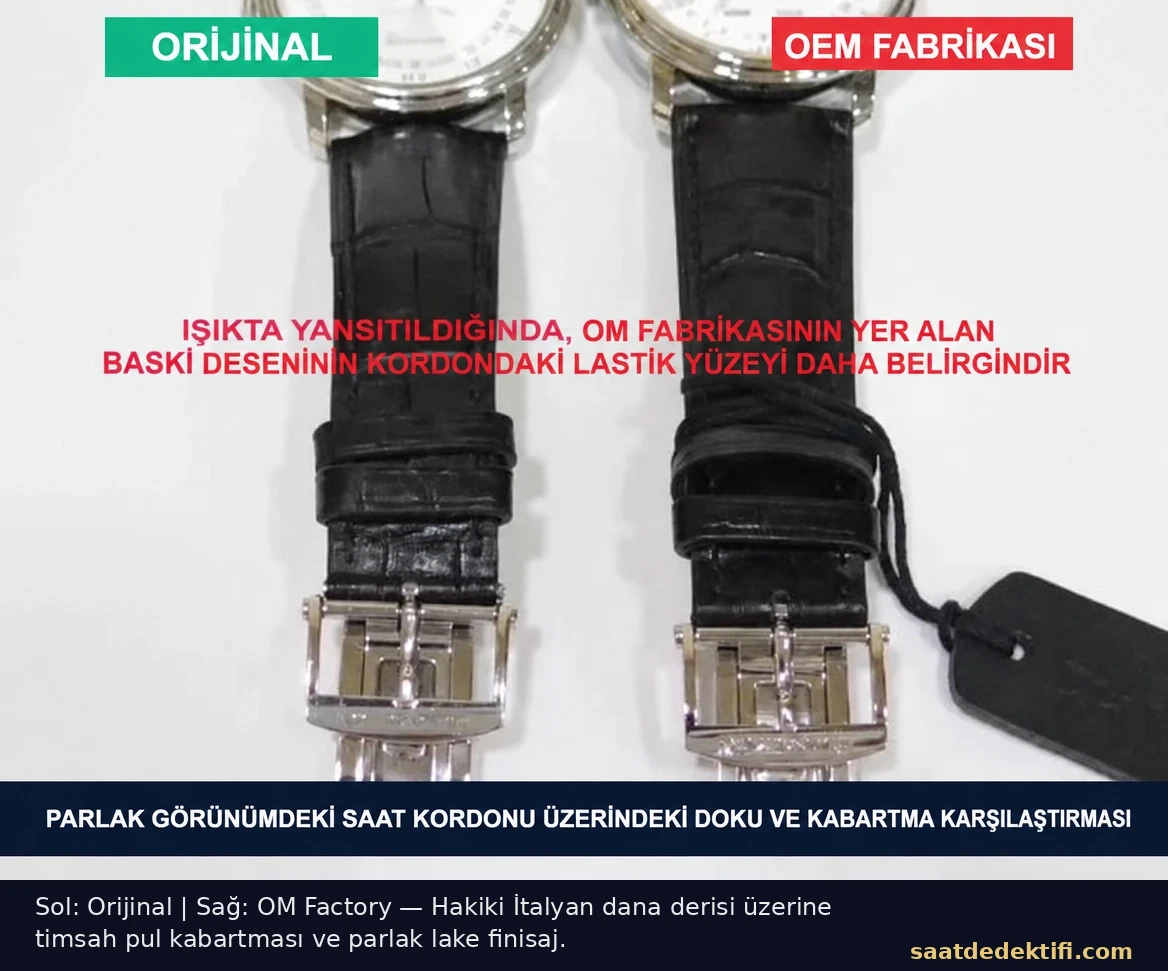 Orijinal Blancpain kordon ile OM Factory timsah pul kabartmalı İtalyan deri kordon dokusu karşılaştırması