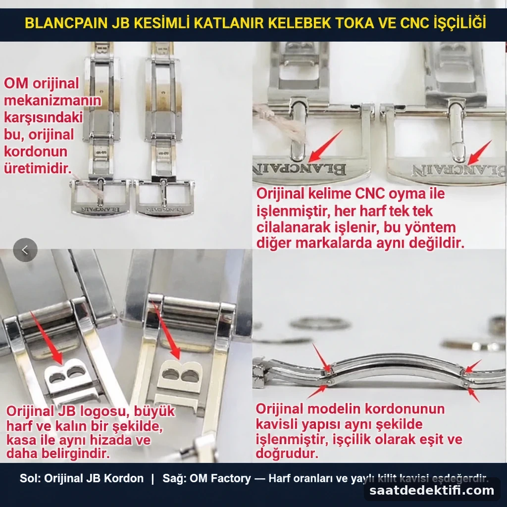 Orijinal Blancpain JB logolu katlanır toka ile OM Factory clone toka karşılaştırması