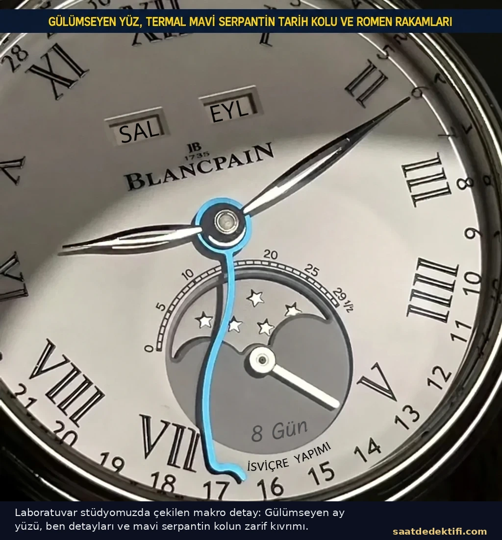 OM Factory Blancpain Villeret 6654 kadran makro detay, gülümseyen ay fazı ve mavi serpantin tarih ibresi