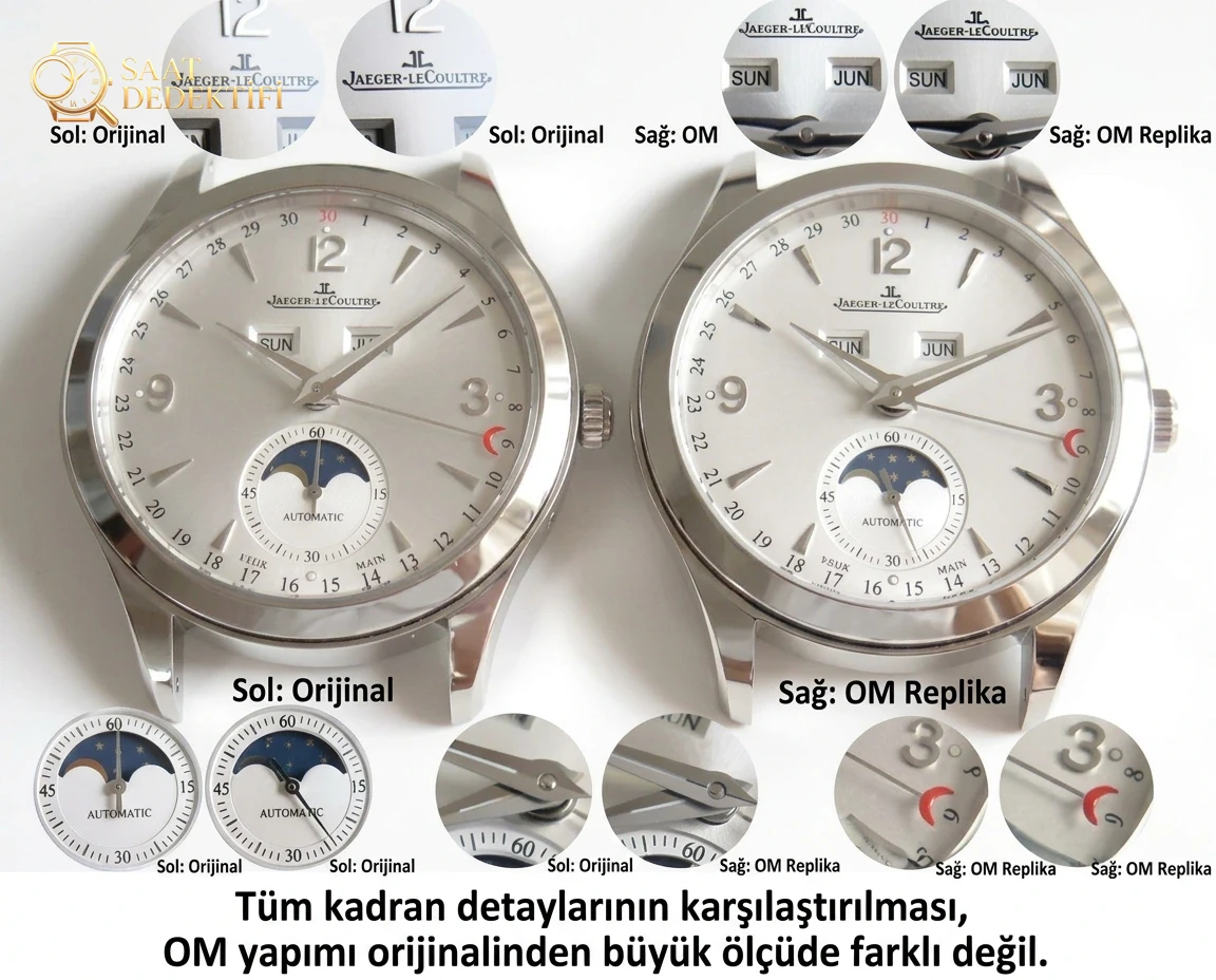 OM Jaeger-LeCoultre Master Calendar Ay Evreli 1558420 Yıllık Takvim Kol Saati Gerçek-Replika Karşılaştırmalı İnceleme - Makro Kadran ve İndeks İşçiliği