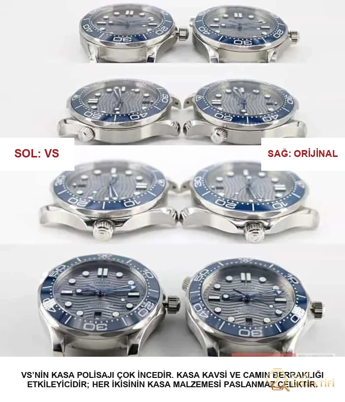 Omega Seamaster 210.30.42.20.06.001 saatinin VS versiyonu ile orijinal (orijinal) karşılaştırması. - Arka Kapak ve Mekanizma Detayı