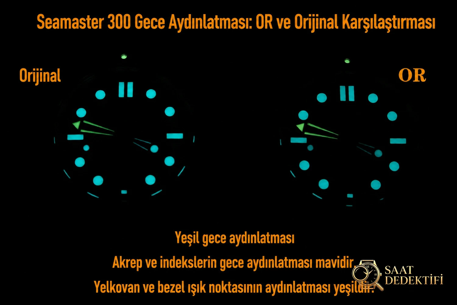 OR Factory Omega Seamaster 300 ile orijinal arasındaki farklar neler? - Fosfor ve Super-LumiNova Gece Görünümü