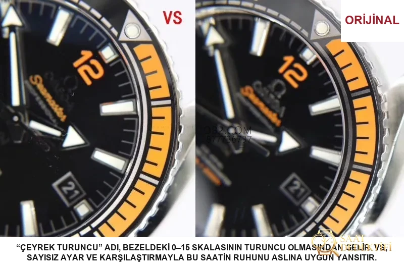 Planet Ocean 600M: VS Factory Omega Seamaster 600M çeyrek turuncu ve orijinal karşılaştırmalı inceleme - Bezel İçi Rehaut Gravürü ve Hizalaması