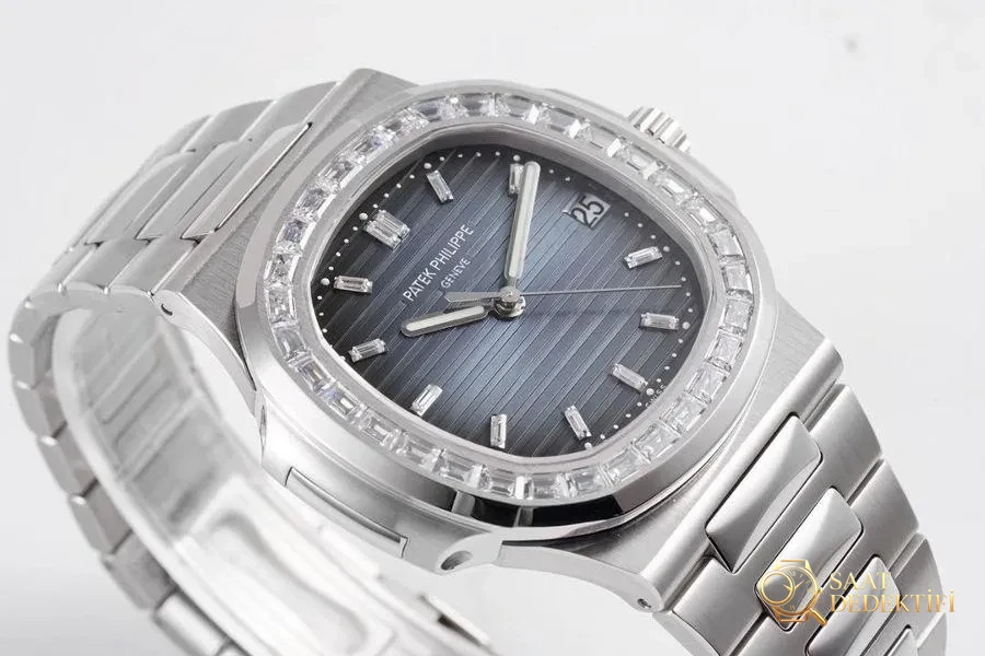 PPF Factory Patek Philippe Sport Elegance serisi 5711/1A 010 gri-mavi elmas kakmalı Nautilus kol saati incelemesi - Kasa Profili ve Kurma Kolu İncelemesi