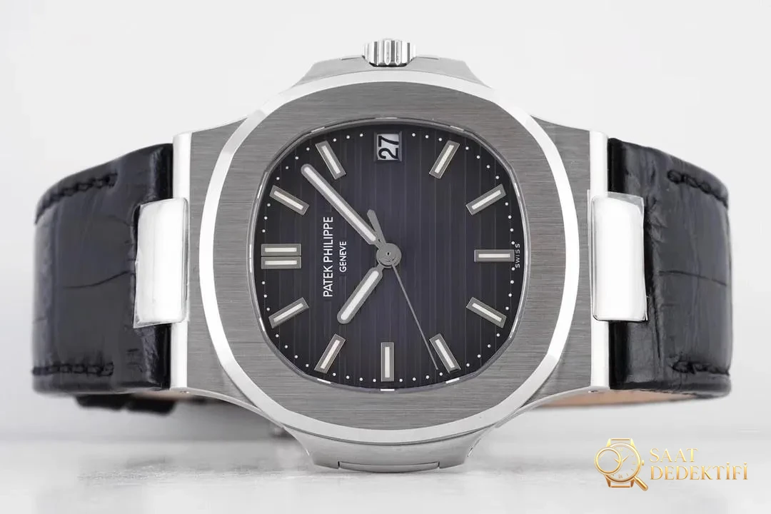 PPF Nautilus V4 versiyon gri kadran deri kayış - Bezel Rakam Oyukları Platin Dolgusu