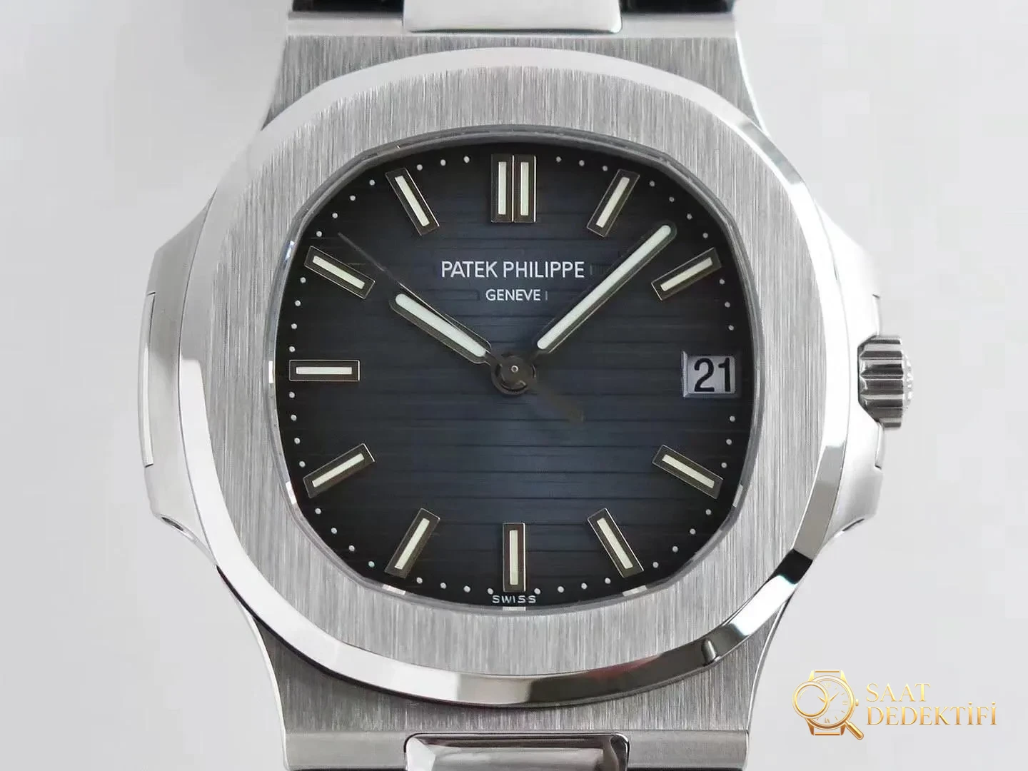 PPF Nautilus V4 versiyonu gri-mavi kadran, deri kayış - Bezel Rakam Oyukları Platin Dolgusu