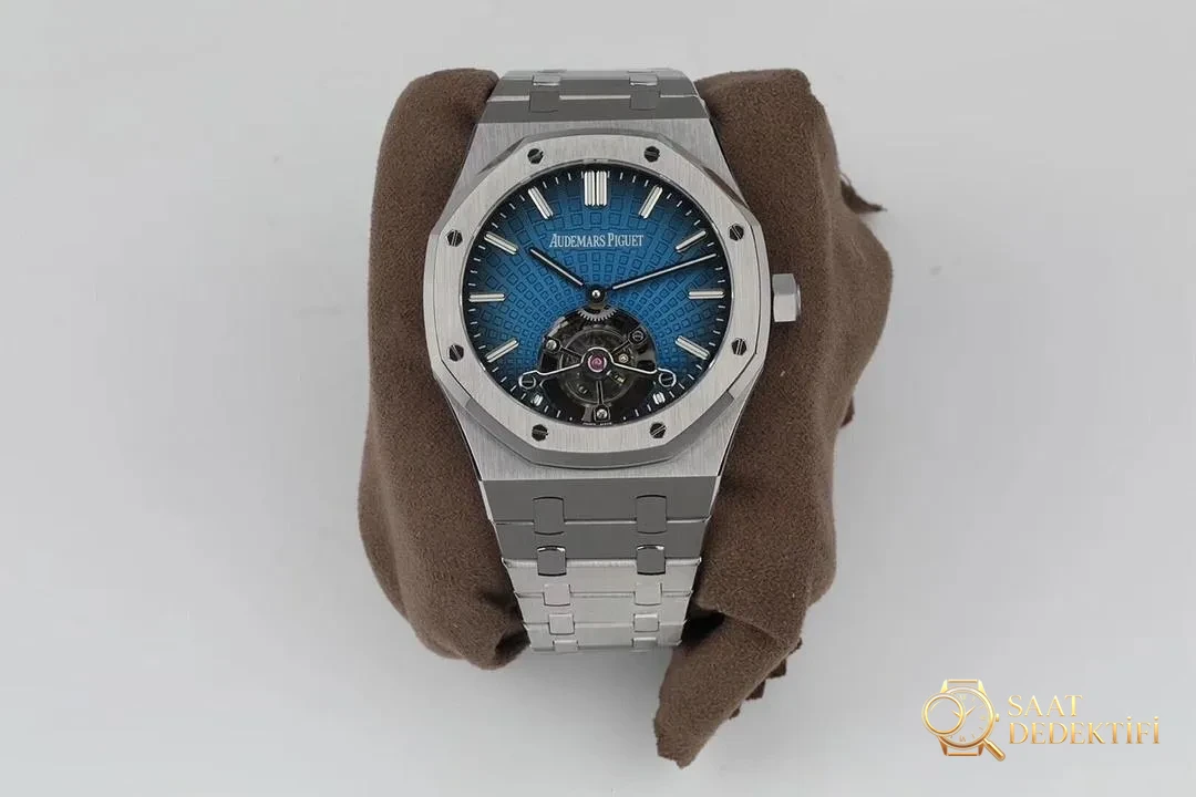 R8 Factory Audemars Piguet Royal Oak Tourbillon V2 Yükseltilmiş Sürüm, Beyaz Kasa Mavi Kadran - Kadran Detayı ve Bezel İşçiliği