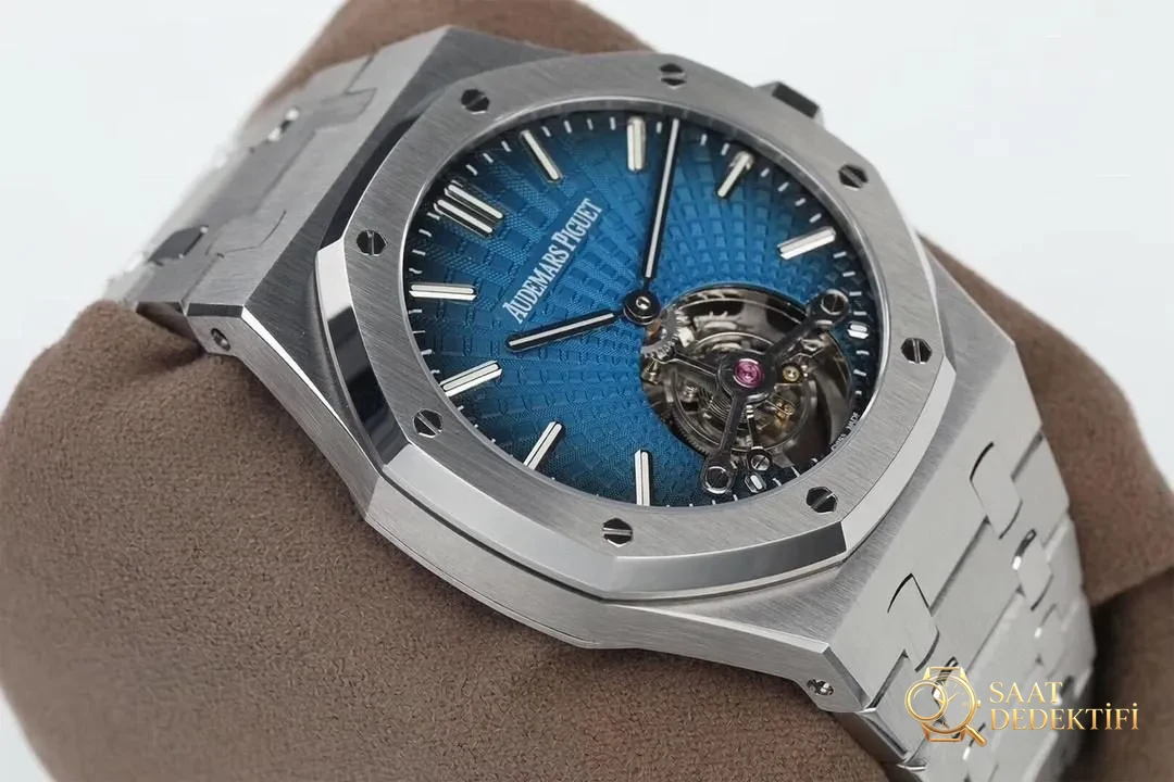 R8 Factory Audemars Piguet Royal Oak Tourbillon V2 Yükseltilmiş Sürüm, Beyaz Kasa Mavi Kadran - Bilezik, Toka ve Klips Mekanizması