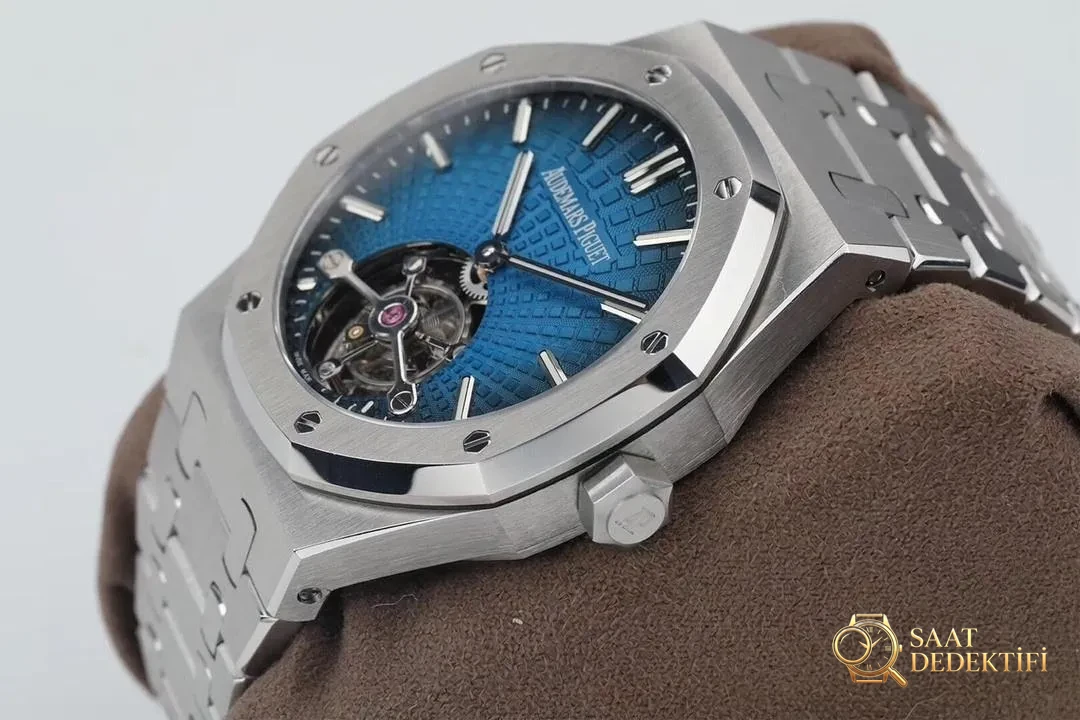 R8 Factory Audemars Piguet Royal Oak Tourbillon V2 Yükseltilmiş Sürüm, Beyaz Kasa Mavi Kadran - Makro Kadran ve İndeks İşçiliği