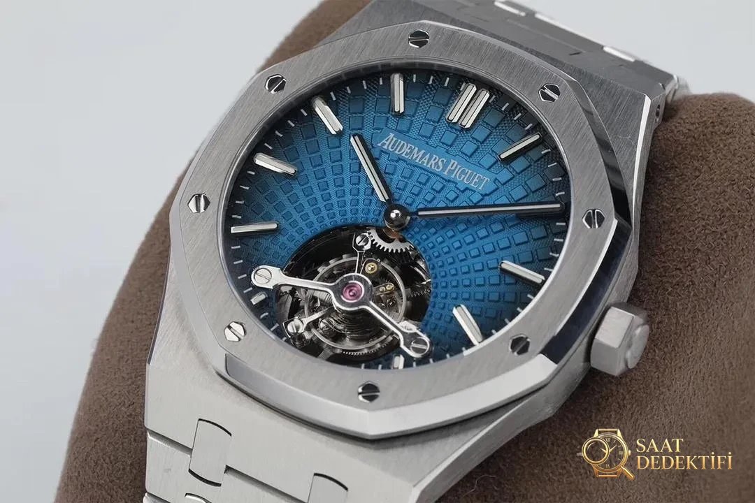 R8 Factory Audemars Piguet Royal Oak Tourbillon V2 Yükseltilmiş Sürüm, Beyaz Kasa Mavi Kadran - Klips Kilidi ve Lazer Damgalar