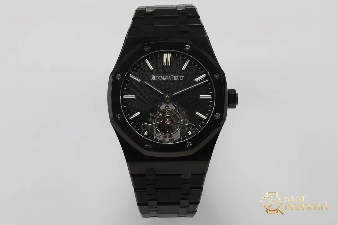 R8 Factory Audemars Piguet Royal Oak Tourbillon V2, обновленная версия, полностью черные наручные часы — деталь циферблата и качество изготовления безеля