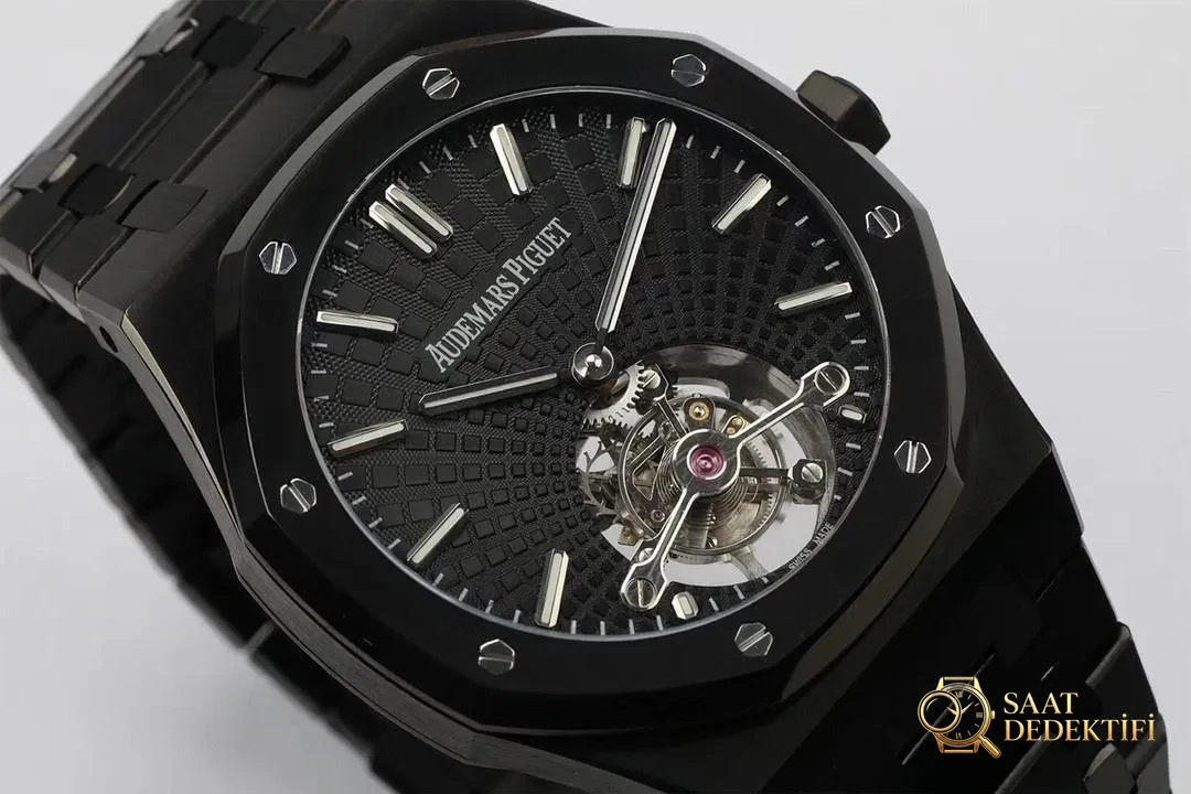 R8 Factory Audemars Piguet Royal Oak Tourbillon V2, обновленная версия, полностью черные наручные часы — макроциферблат и качество изготовления индексов