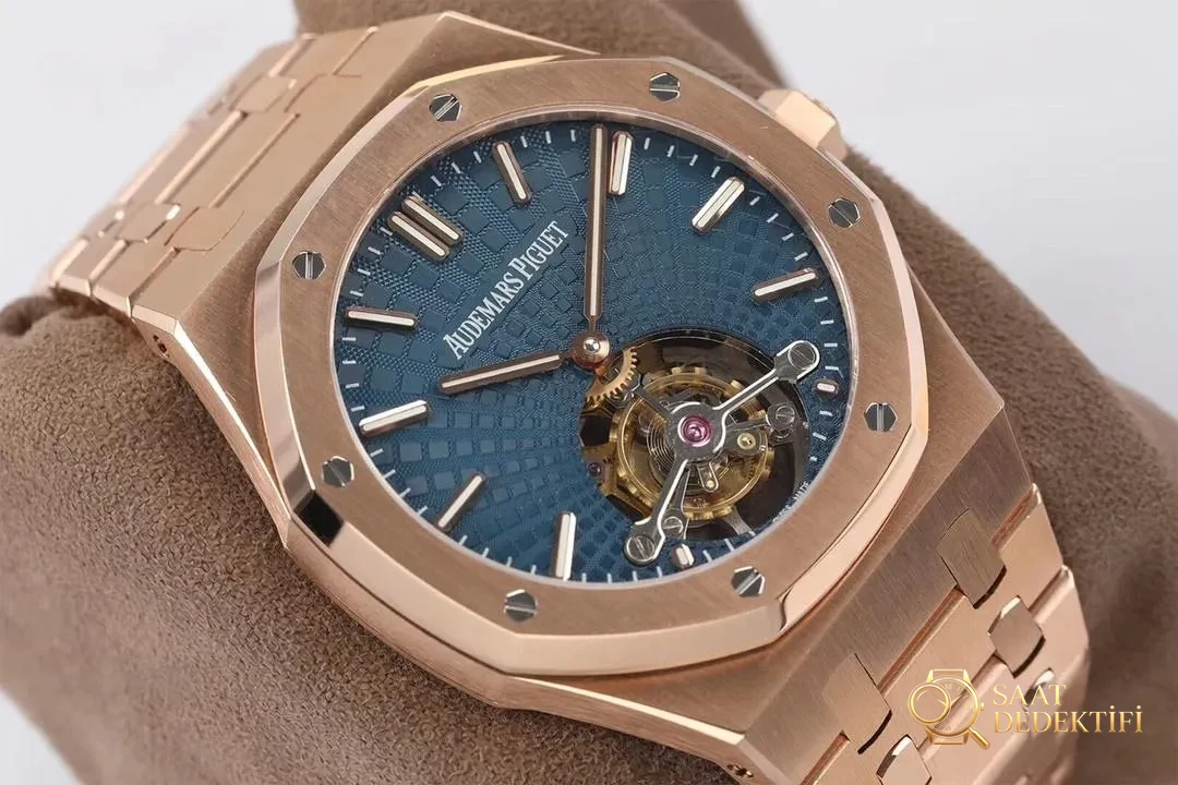R8 Factory Audemars Piguet Royal Oak Tourbillon V2 Yükseltilmiş Versiyon Kol Saati Rose Altın Mavi Kadran - Bilezik, Toka ve Klips Mekanizması