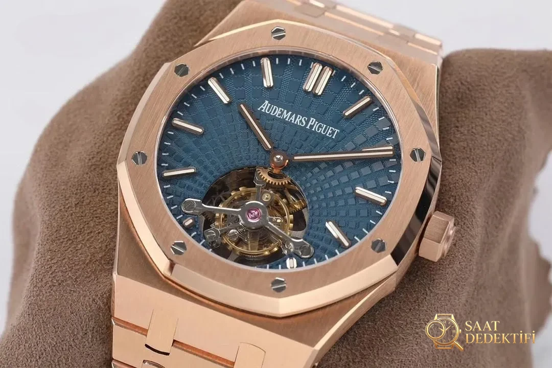 R8 Factory Audemars Piguet Royal Oak Tourbillon V2 Yükseltilmiş Versiyon Kol Saati Rose Altın Mavi Kadran - Makro Kadran ve İndeks İşçiliği