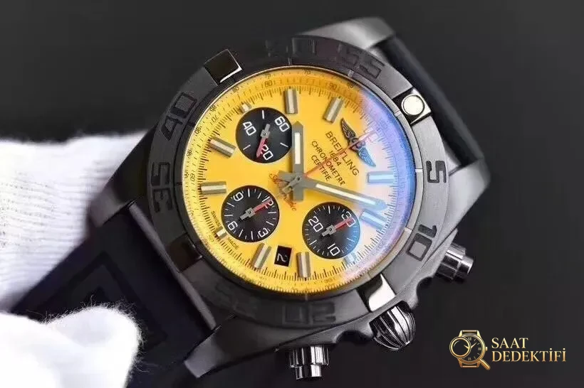 Replika GF Factory Breitling mekanik kronograf, sarı kadranlı 44 mm siyah çelik saat almaya değer mi? - Kasa Profili ve Kurma Kolu İncelemesi