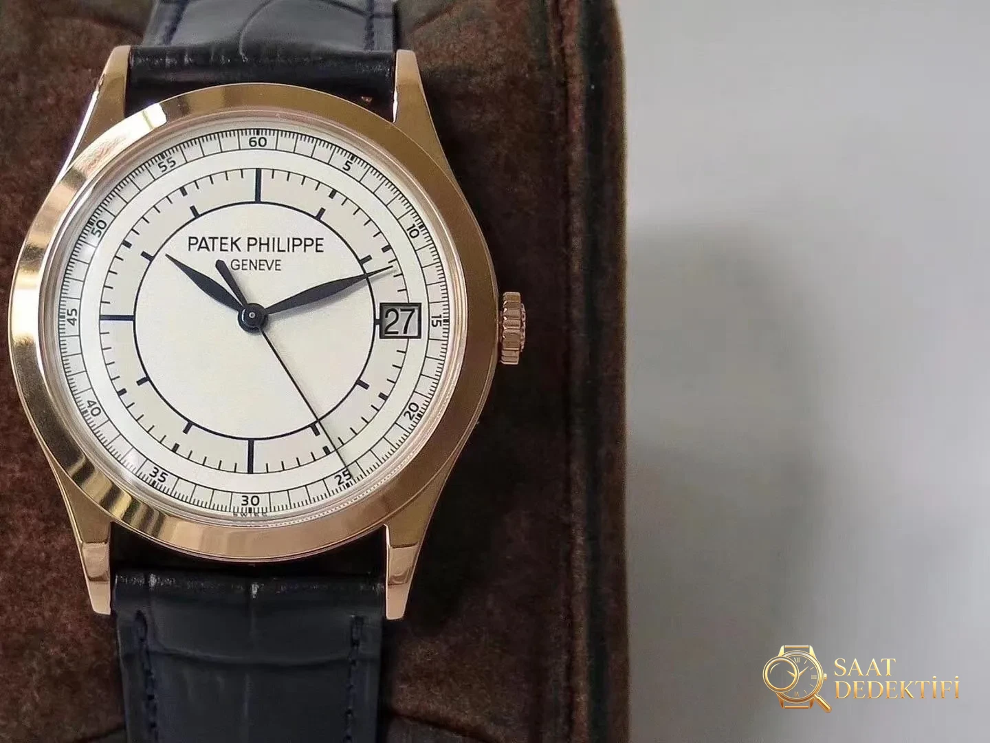 Siyah Deri Kayışlı Replika Patek Philippe 5296R Roze Altın