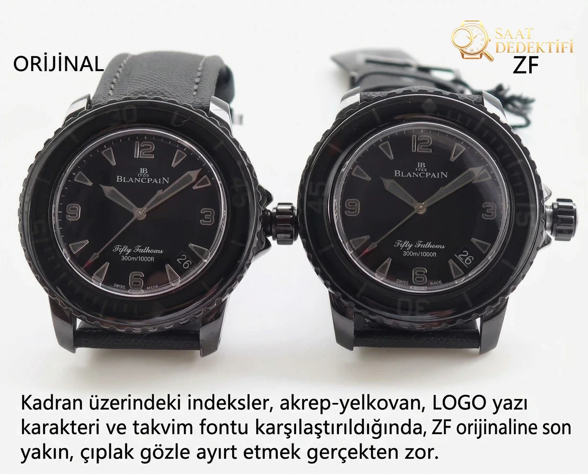 Replika saat ZF Factory Blancpain yeni Fifty Fathoms Black Vader söküm ve orijinalle karşılaştırmalı inceleme: ilk bakışta belli olur mu? - Makro Kadran ve İndeks İşçiliği