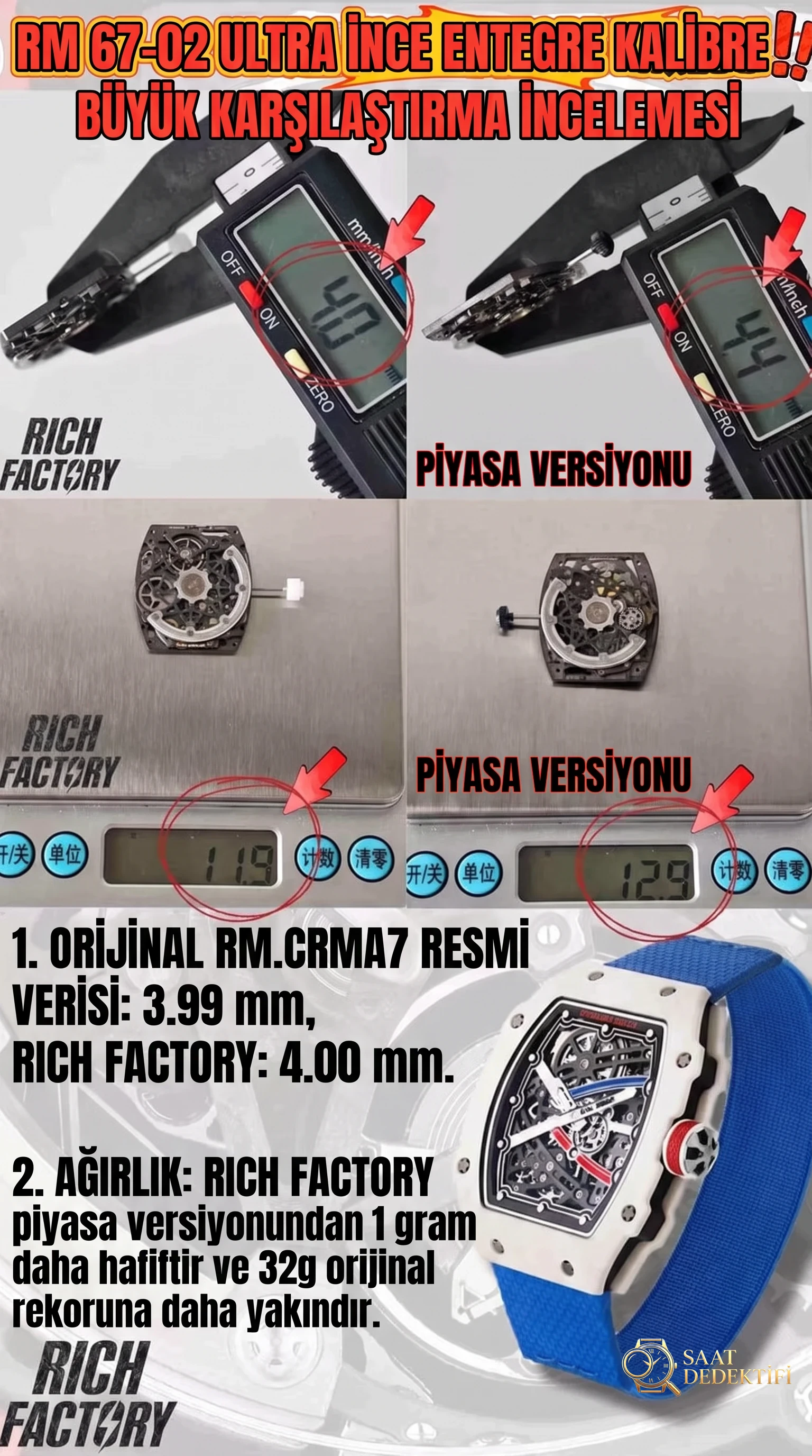 RF Factory Richard Mille RM 67-02 CRMA7 Kalibre Kalınlık ve Ağırlık Karşılaştırması