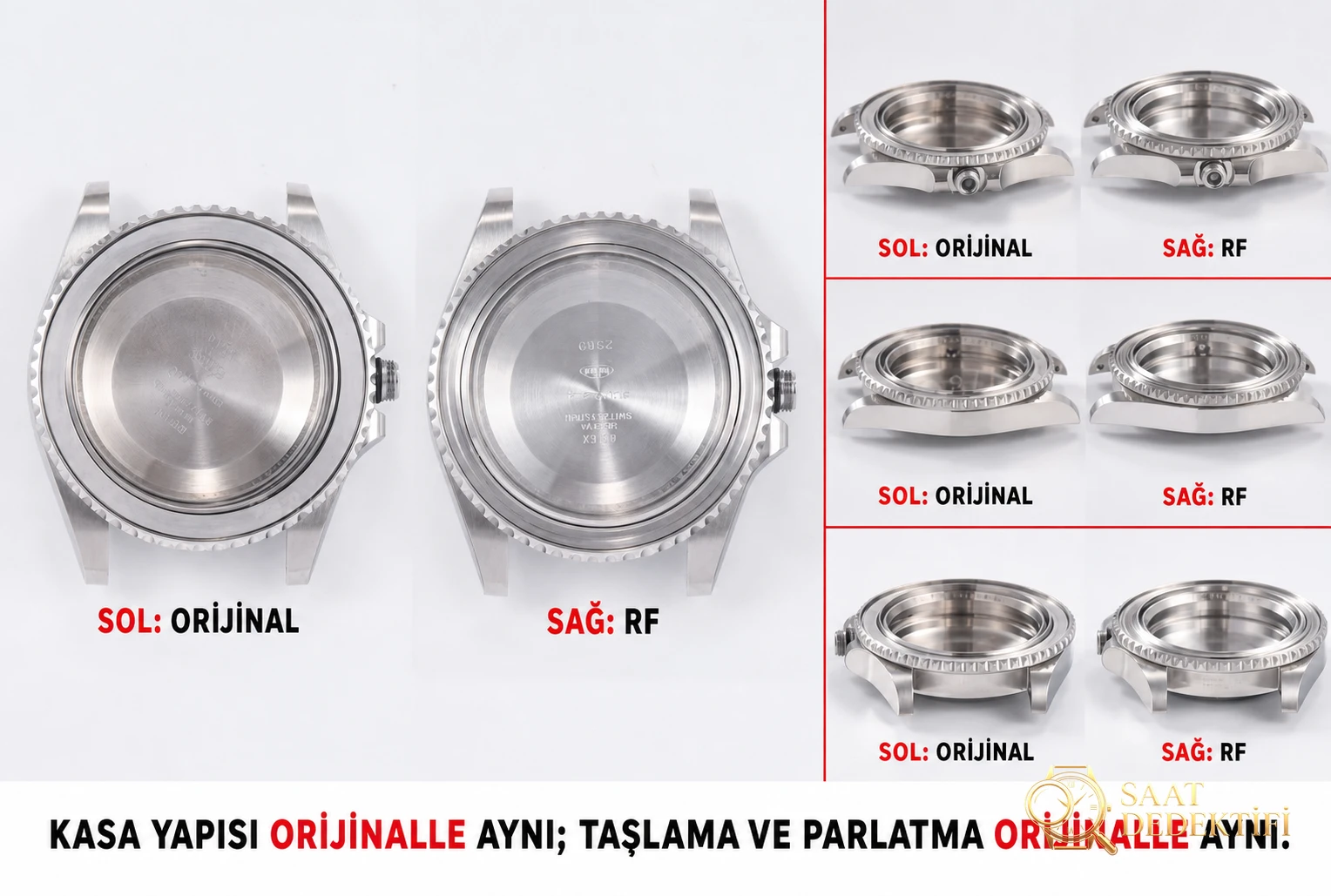 RF Factory Rolex yeni yeşil Submariner, orijinaliyle karşılaştırınca ilk bakışta belli olur mu? - Kasa Profili ve Kurma Kolu İncelemesi