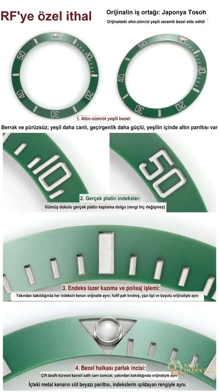 RF Factory Rolex yeni yeşil Submariner, orijinaliyle karşılaştırınca ilk bakışta belli olur mu? - Klips Kilidi ve Lazer Damgalar