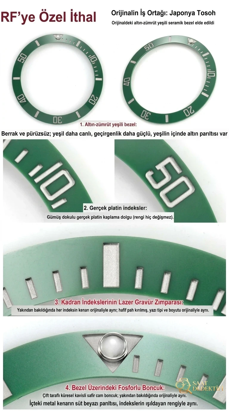 RF Factory Rolex yeni yeşil Submariner, orijinaliyle karşılaştırınca ilk bakışta belli olur mu? - Kasa Çeliği ve Polisaj Kalitesi