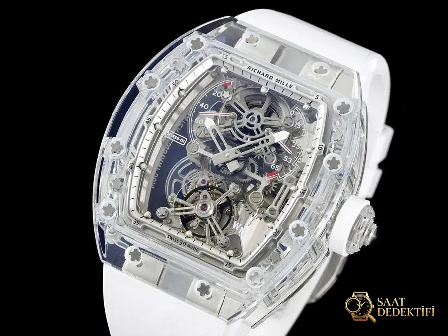 Richard Mille RM56-01 5601 Şeffaf Kasa (Beyaz) Tourbillon Saat İncelemesi - Kasa Profili ve Kurma Kolu İncelemesi