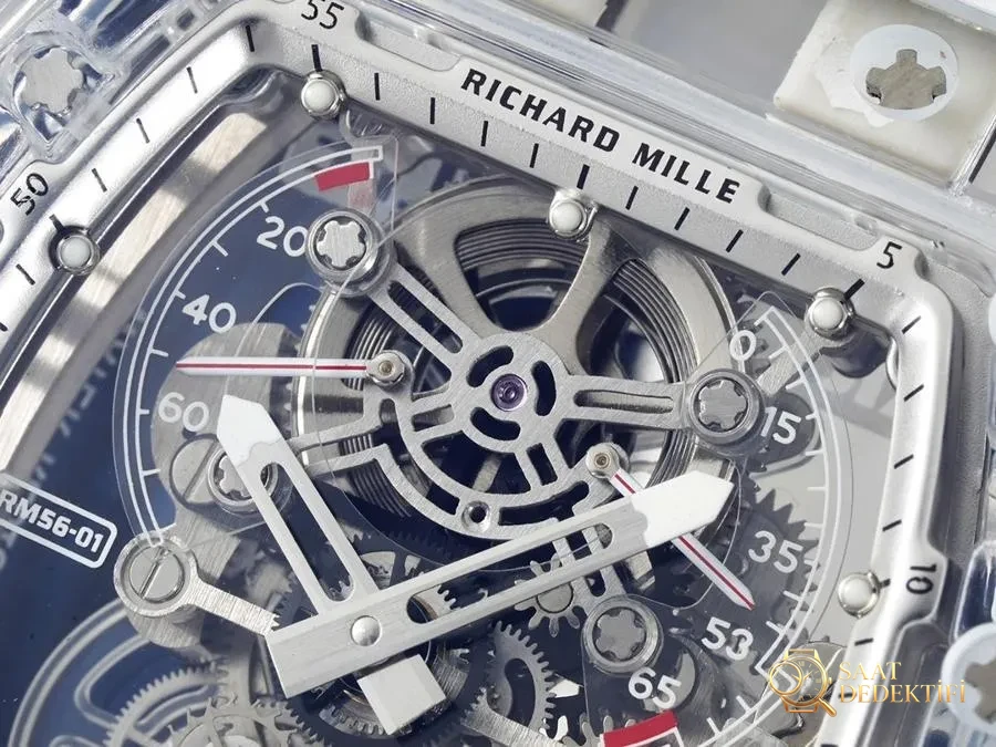 Richard Mille RM56-01 5601 Şeffaf Kasa (Beyaz) Tourbillon Saat İncelemesi - Arka Kapak ve Mekanizma Detayı