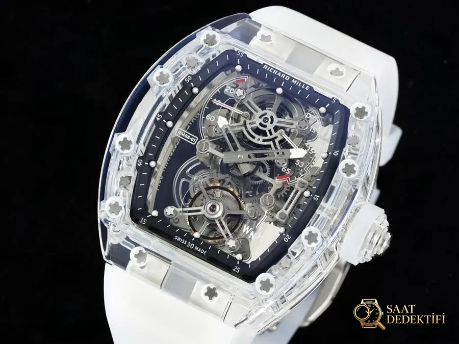 Richard Mille RM56-01 5601 şeffaf kasa (mavi) tourbillon saat incelemesi - Kasa Profili ve Kurma Kolu İncelemesi