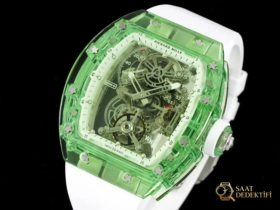 Richard Mille RM56-01 5601 Şeffaf Kasa (Yeşil) Tourbillon Saat İncelemesi - Kasa Profili ve Kurma Kolu İncelemesi