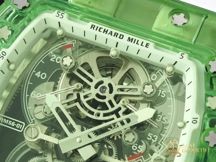 Richard Mille RM56-01 5601 Şeffaf Kasa (Yeşil) Tourbillon Saat İncelemesi - Arka Kapak ve Mekanizma Detayı