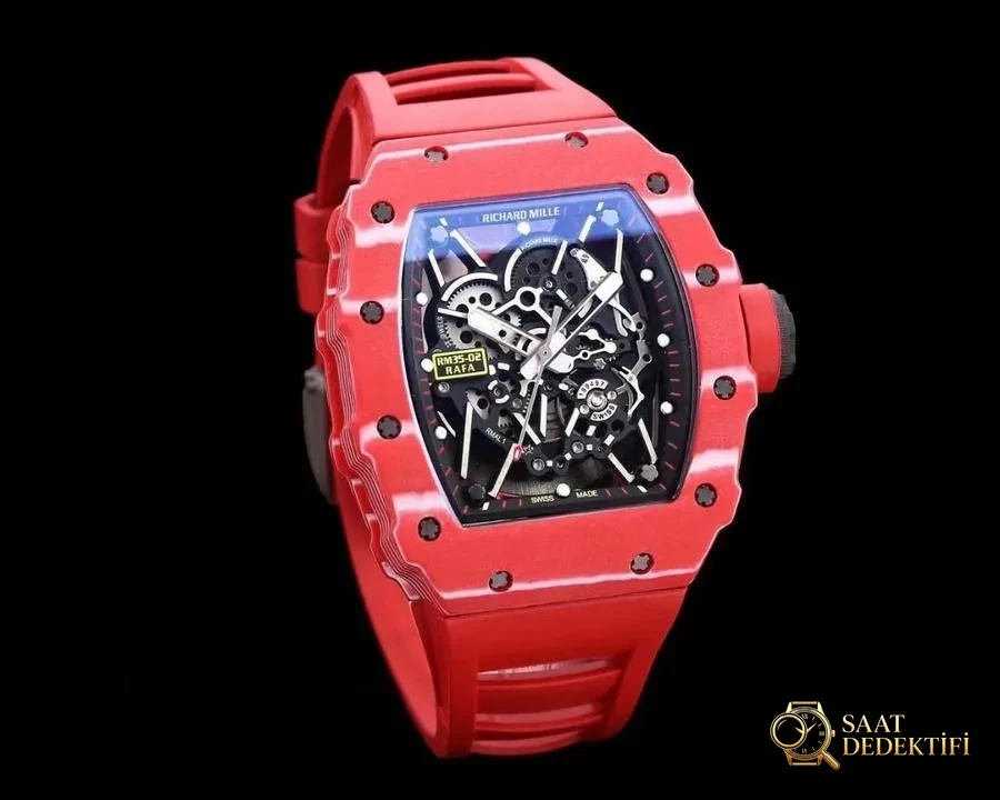RMX Factory Richard Mille RM35-02 Karbon Fiber Kırmızı Şeytan Kol Saati - Kadran Detayı ve Bezel İşçiliği
