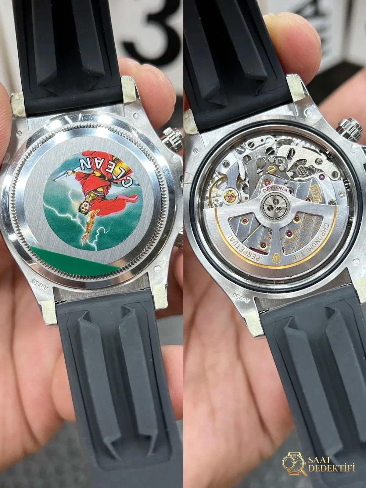 Neues Modell mit Rolex Daytona 4131-Uhrwerk: Ausführlicher Vergleich des Clean und des Originals unter natürlichem Licht – Diamantschliff-Reflexionen der Uhrzeiger