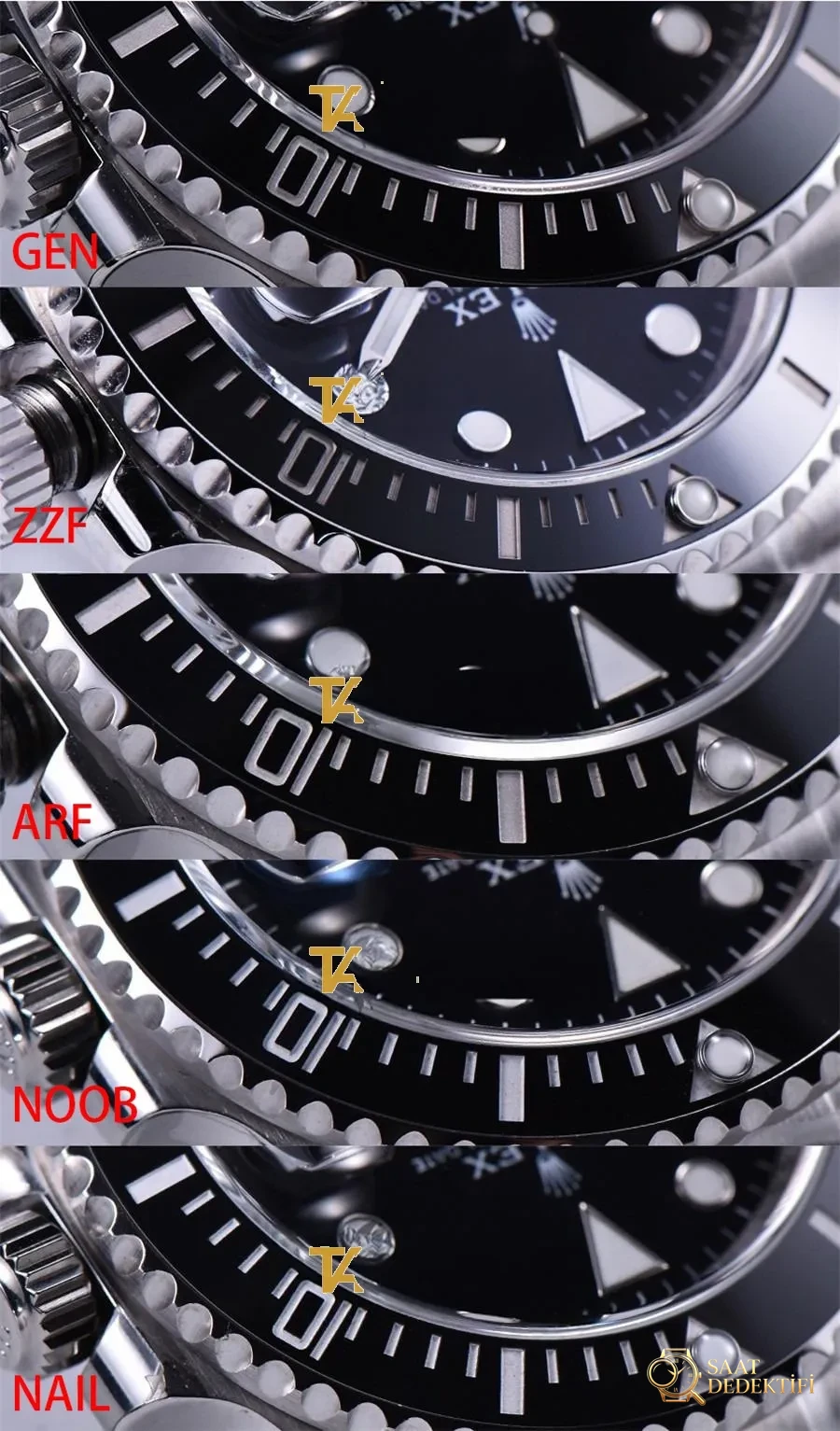 Gerçek-replika karşılaştırması: ZZ Factory AR Factory NAIL ve N Factory Rolex siyah su hayaleti replika saatiyle orijinalin en detaylı görselli incelemesi - Kadran Detayı ve Bezel İşçiliği