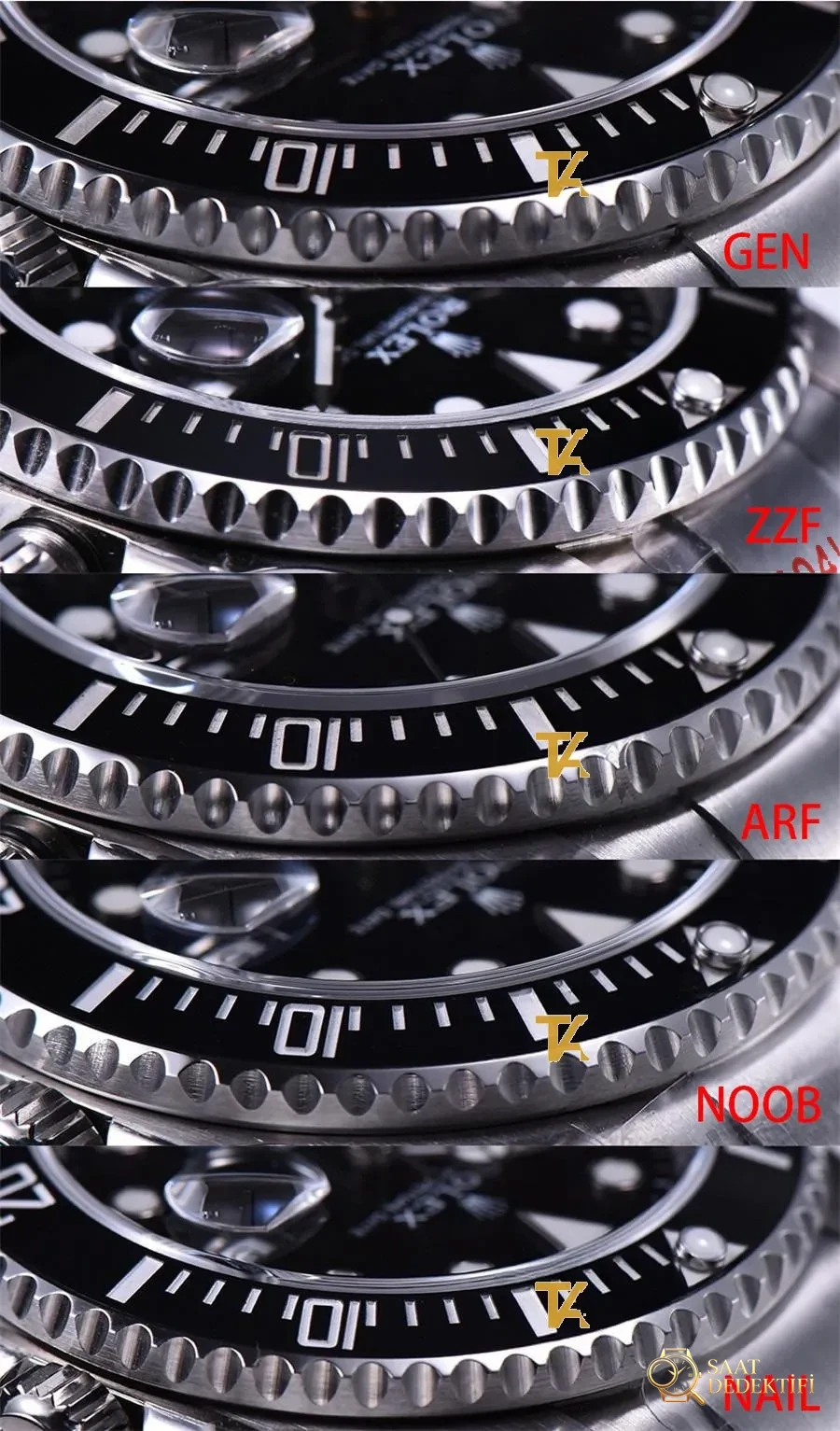 Gerçek-replika karşılaştırması: ZZ Factory AR Factory NAIL ve N Factory Rolex siyah su hayaleti replika saatiyle orijinalin en detaylı görselli incelemesi - Kasa Profili ve Kurma Kolu İncelemesi