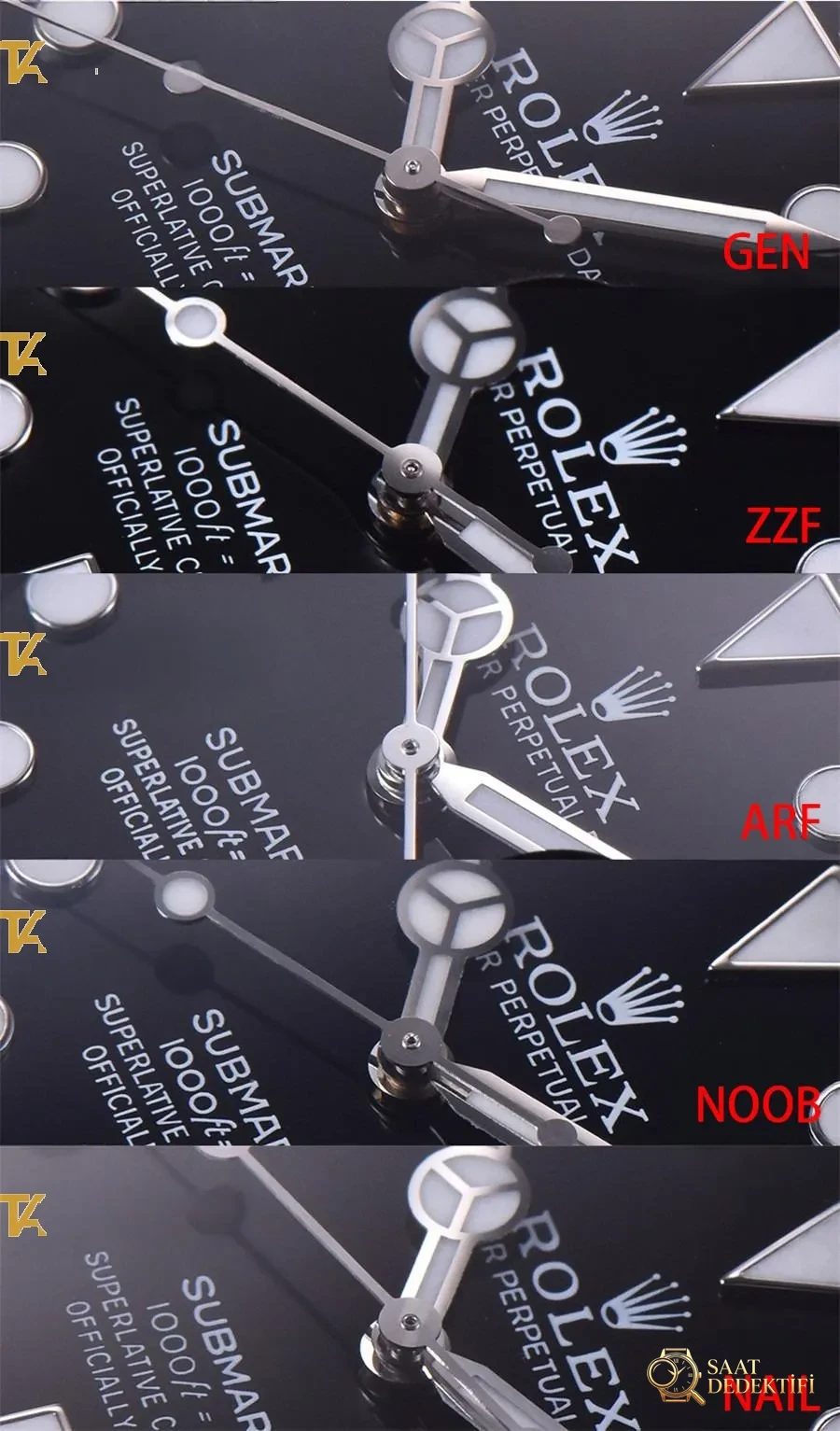 Gerçek-replika karşılaştırması: ZZ Factory AR Factory NAIL ve N Factory Rolex siyah su hayaleti replika saatiyle orijinalin en detaylı görselli incelemesi - Bilezik Bakla Ayrımı ve Pim Yapısı