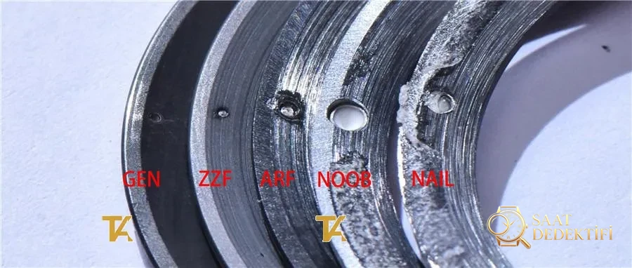 Gerçek-replika karşılaştırması: ZZ Factory AR Factory NAIL ve N Factory Rolex siyah su hayaleti replika saatiyle orijinalin en detaylı görselli incelemesi - Takimetre Skalası ve Baskı Keskinliği