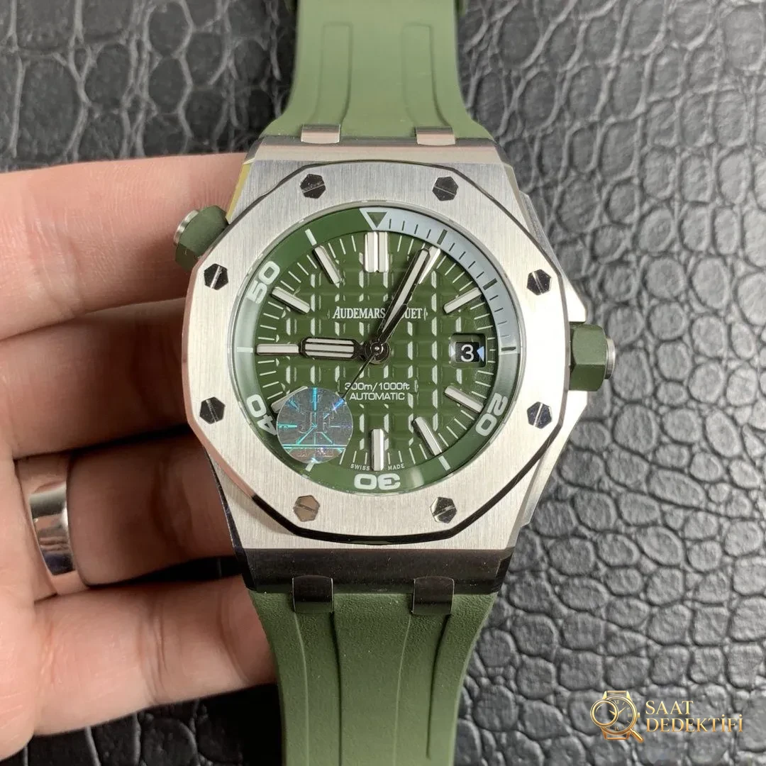 Royal Oak Offshore JF15710 Askeri Yeşil Replika Saat Gerçek Çekim İncelemesi - Kadran Detayı ve Bezel İşçiliği