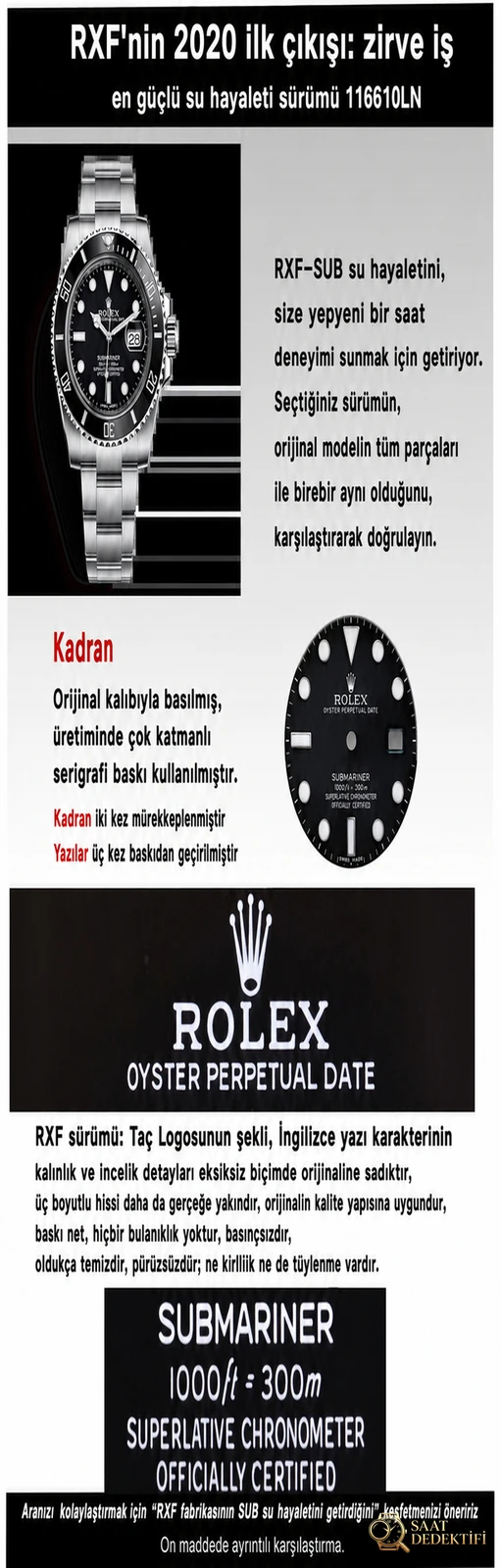 Examen comparatif : Montre de plongée à cadran noir RXF Factory Rolex Submariner Black Water Ghost série 116610LN-97200 - Fond du boîtier et détails du mouvement