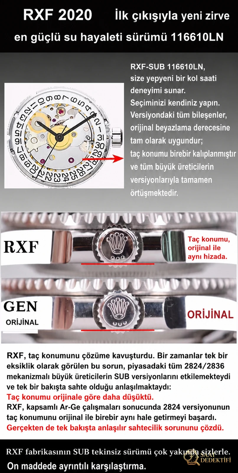 Examen comparatif : Montre de plongée RXF Factory Rolex Submariner Black Water Ghost série 116610LN-97200 à cadran noir - Phosphore et Super-LumiNova Night View