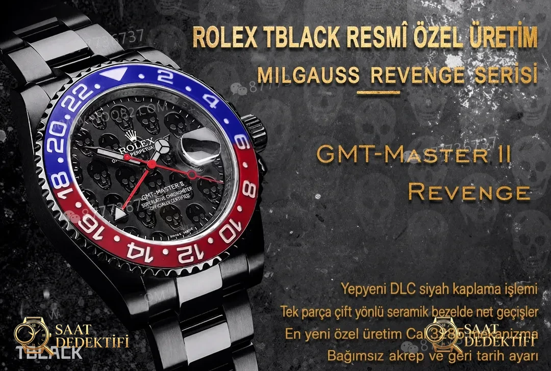 TBLACK Rolex GMT-Master Siyah Kaplama REVENGE Özel Üretim Milgauss Revenge Serisi Replika Saat - Kadran Detayı ve Bezel İşçiliği