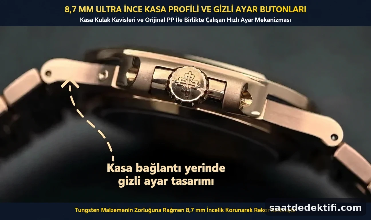 8.7 mm kasa profili ve kasa kenarına gömülmüş gizli takvim ve ay fazı ayar butonları