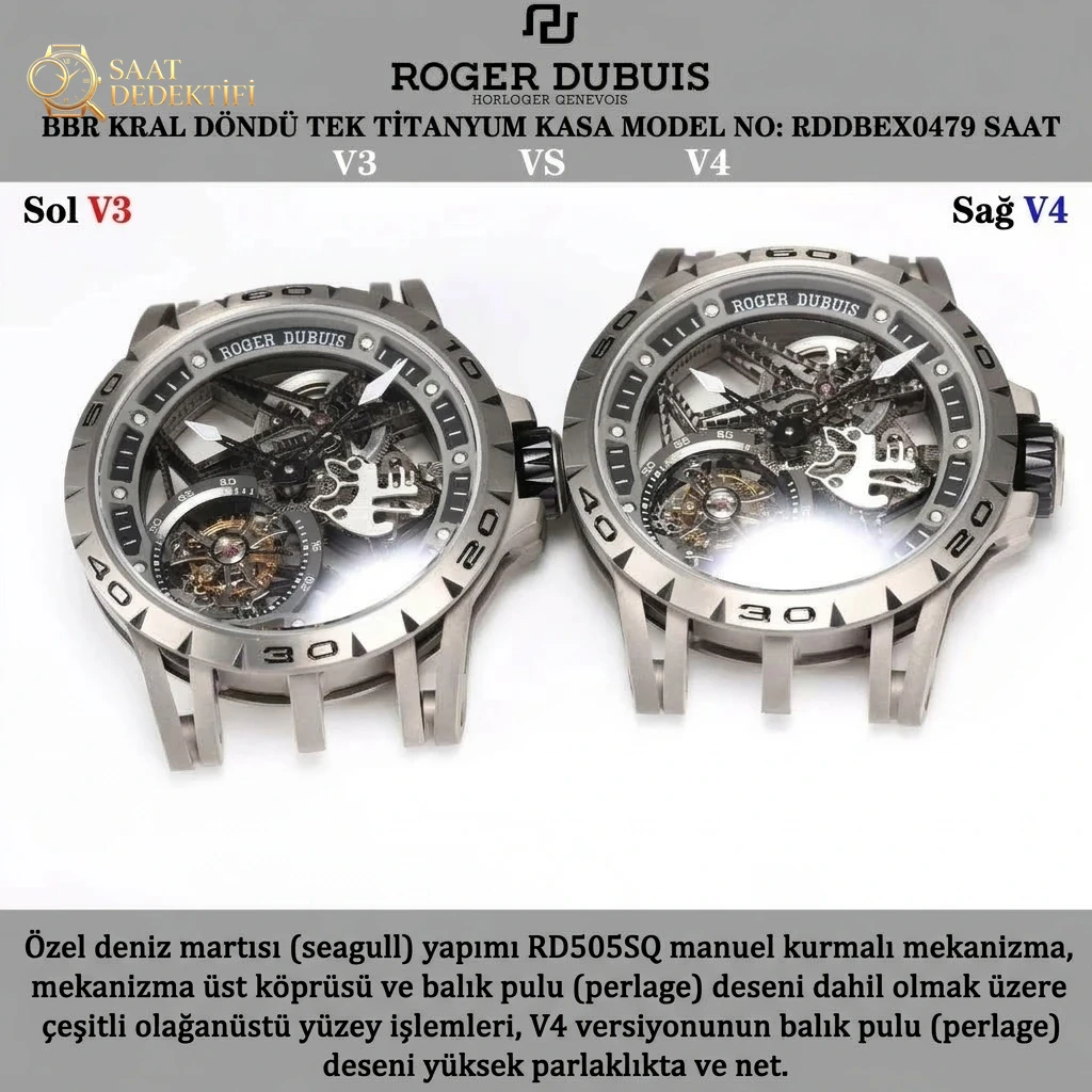 V3 sürümü ile V4 sürümü karşılaştırması: BBR Factory Roger Dubuis Excalibur (King serisi) RDDBEX0479 kauçuk kayışlı erkek tourbillon kol saati - Kadran Detayı ve Bezel İşçiliği