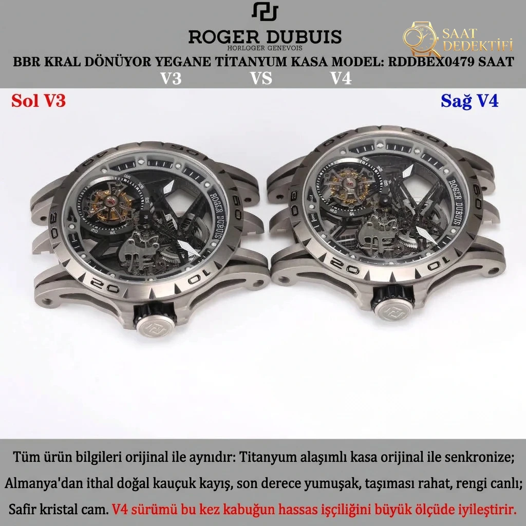 V3 sürümü ile V4 sürümü karşılaştırması: BBR Factory Roger Dubuis Excalibur (King serisi) RDDBEX0479 kauçuk kayışlı erkek tourbillon kol saati - Kasa Profili ve Kurma Kolu İncelemesi