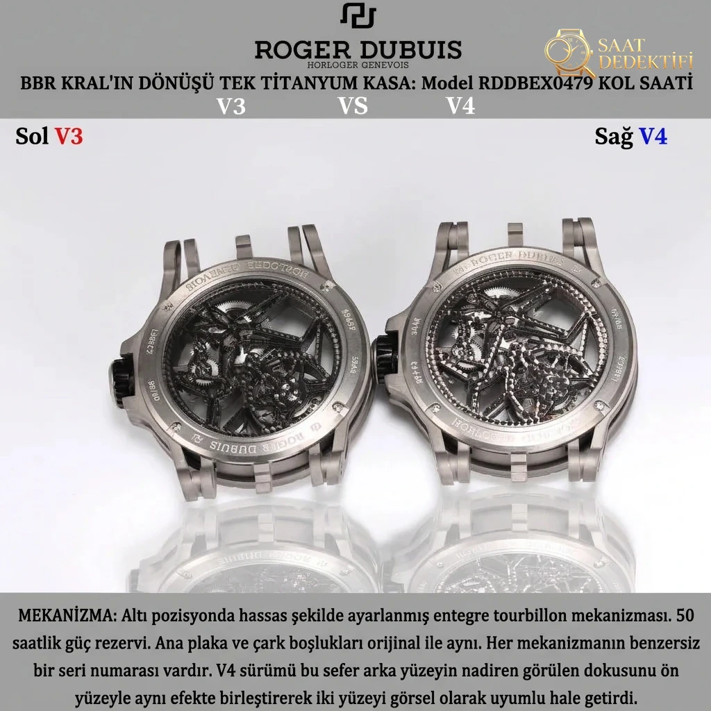 V3 sürümü ile V4 sürümü karşılaştırması: BBR Factory Roger Dubuis Excalibur (King serisi) RDDBEX0479 kauçuk kayışlı erkek tourbillon kol saati - Makro Kadran ve İndeks İşçiliği